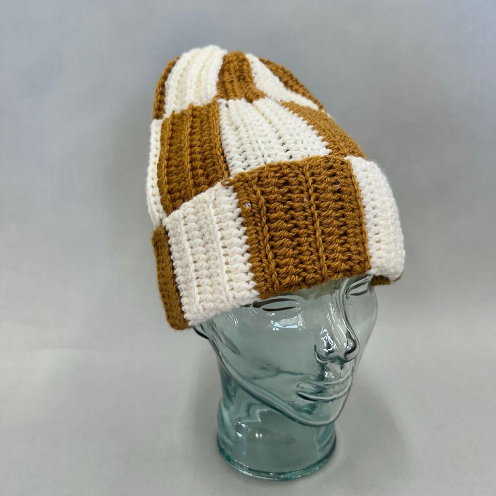 Handmade knit colorblock ivory and golden mustard checkered  stocking hat beanie